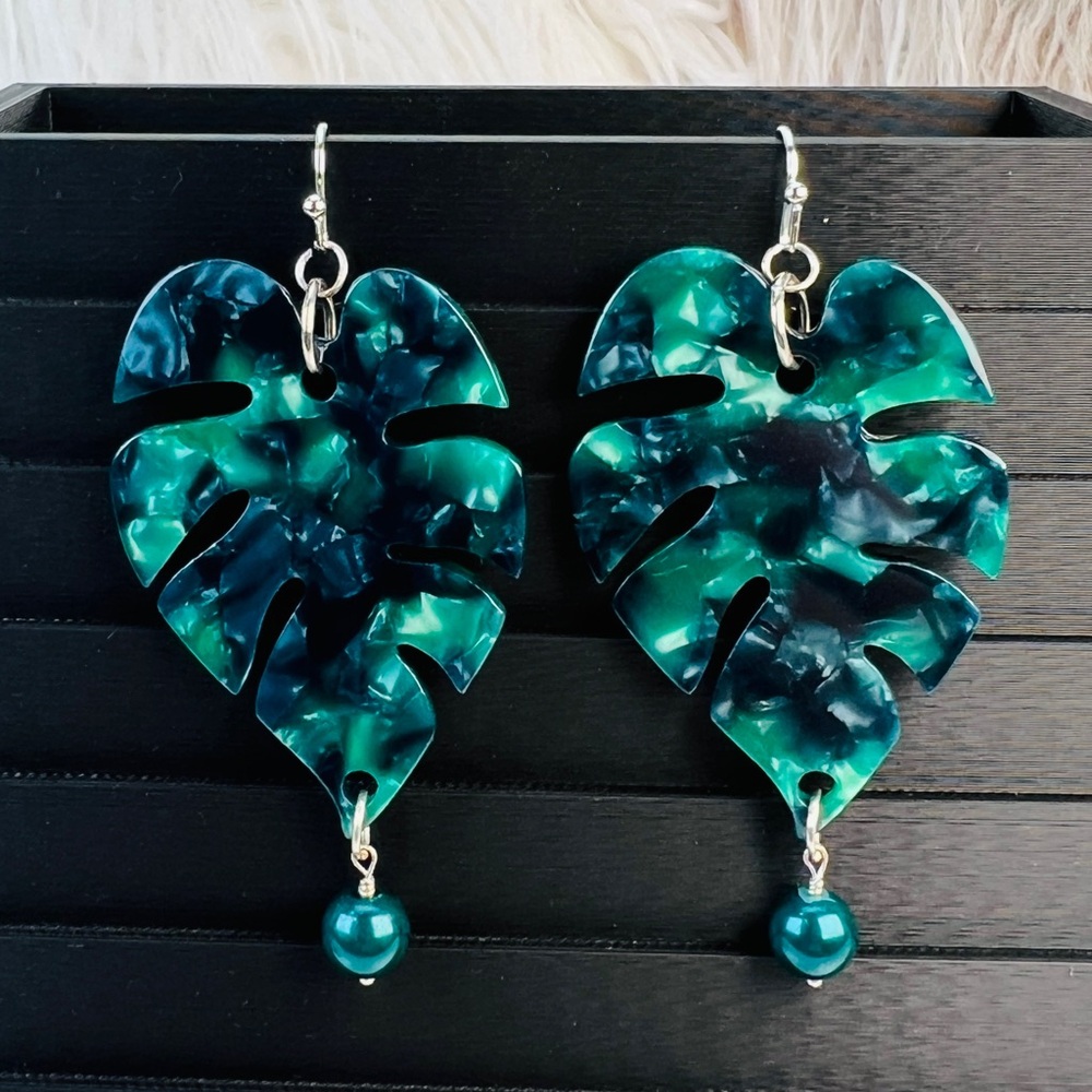 Large Green Leaf Silvertone Statement Pieced Earr… - image 1